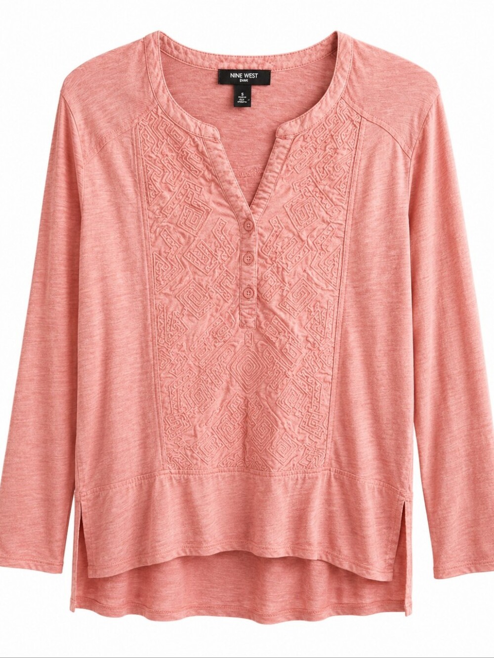 Nine West Women's Top Shirt Coral V-Neck Adjustable Sleeves Embroidered Size M